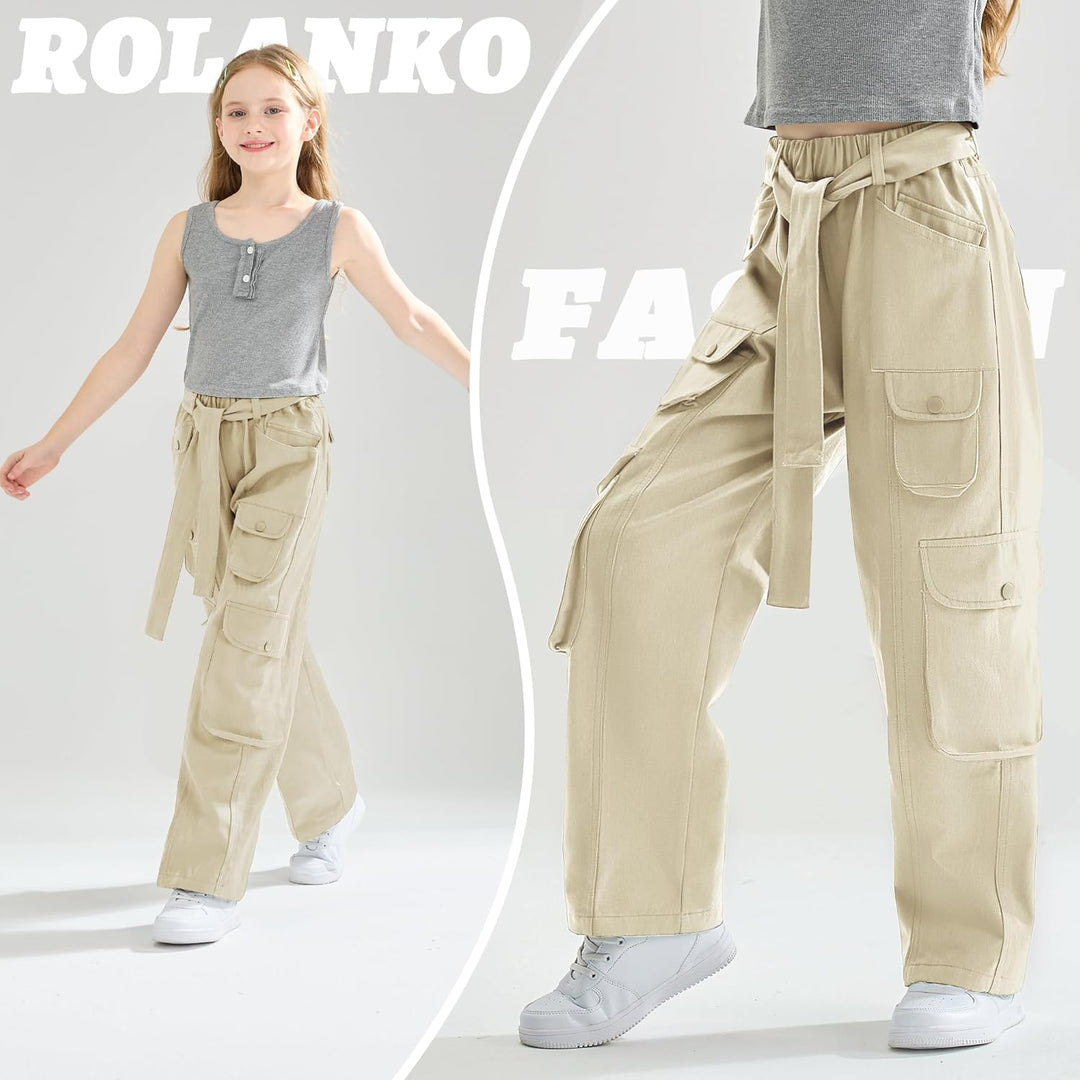 Rolanko Mädchen Baggy Cargo Hose, Elastisch Hohe Taille Gerade Weites Bein Streetwear Jeans mit Mehr