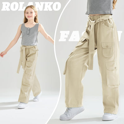 Rolanko Mädchen Baggy Cargo Hose, Elastisch Hohe Taille Gerade Weites Bein Streetwear Hose mit Mehre