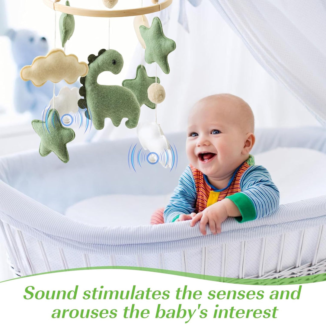 Baby Windspiel Dinosaurier mit Sternen & Wolken – Holz Mobile Babybett Dekor, Sensorisches Spielzeug