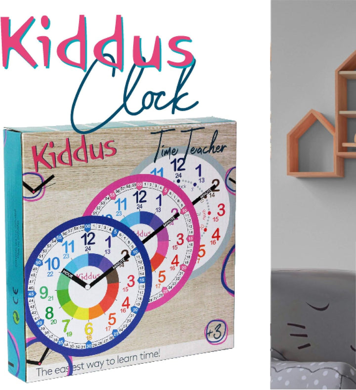 Kiddus Wanduhr für Kinder. Analoger Zeitlehrer mit Zeitlernübungen. Stilles Uhr. Viele Sprachen. Eng