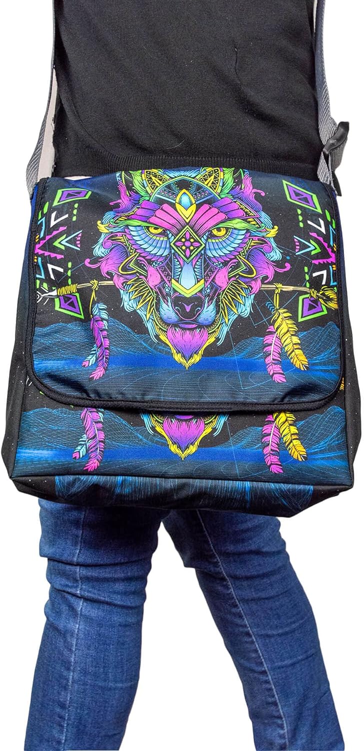 PSYWORK Schwarzlicht Umhänge Tragetasche Neon Sentymo Wolf Neon UV-aktiv wasserabweisend