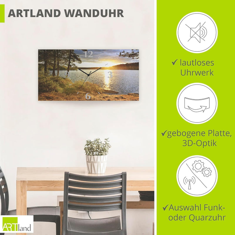 ARTLAND Wanduhr ohne Tickgeräusche Alu Funkuhr 60x30 cm Rechteckig Lautlos See Landschaft Wald Sonne