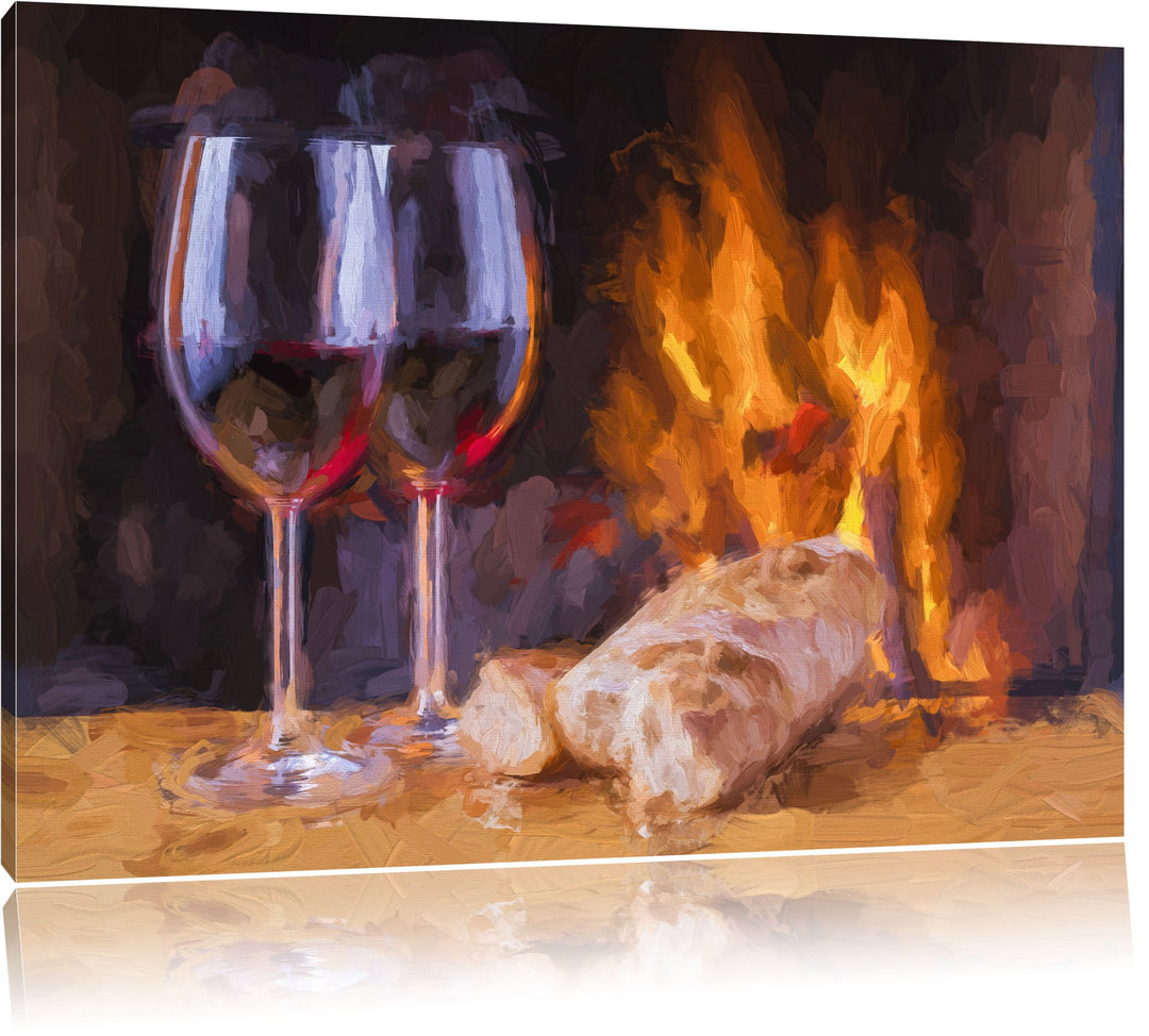 Pixxprint Wein und Baguette am Kamin Pinsel Effekt, Format: 100x70 auf Leinwand, 100x70