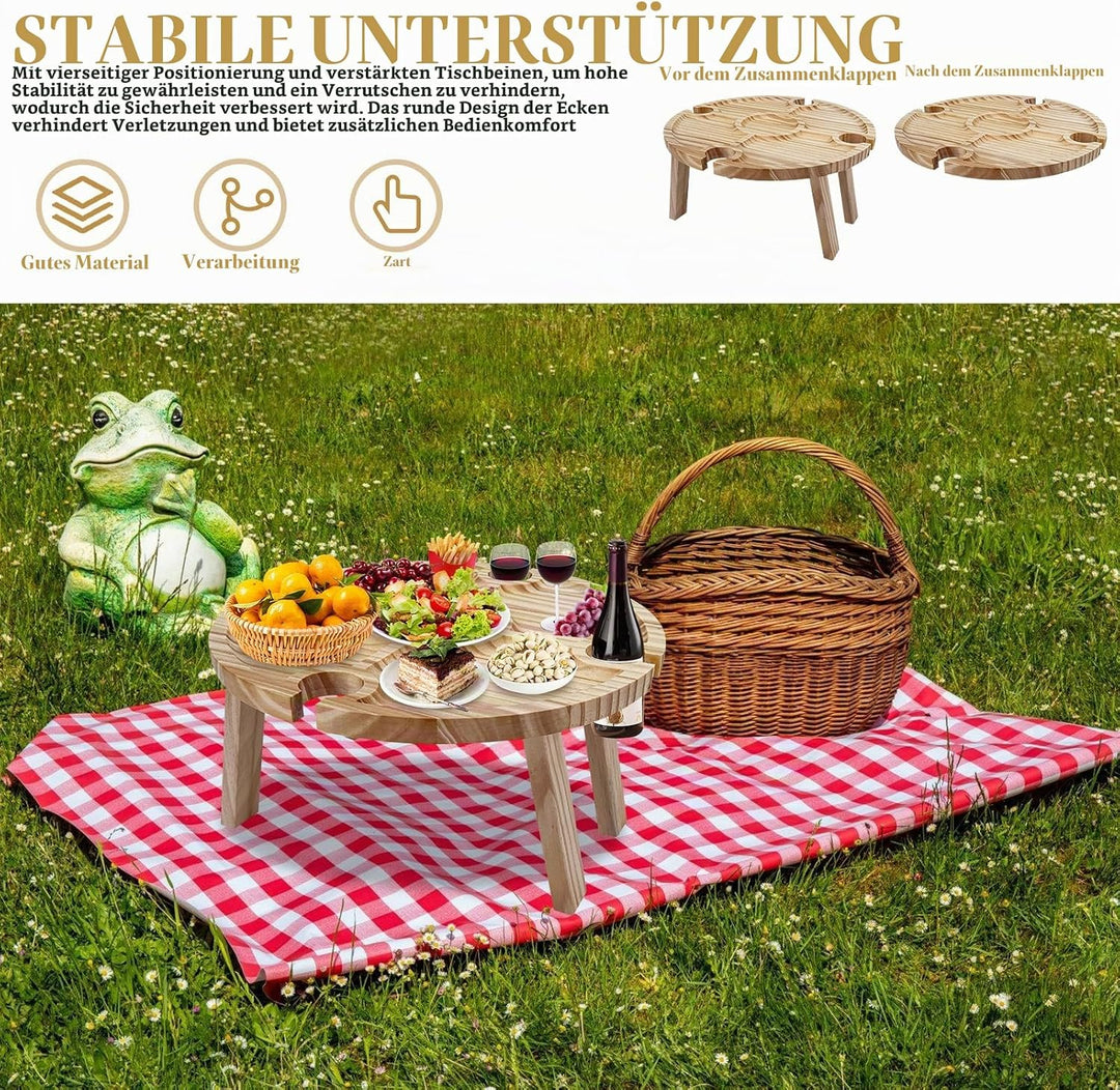 Faltbarer Picknicktisch aus Holz: Tragbarer Picknick Weintisch mit Rotweinglashalter, Rund Holz Gart