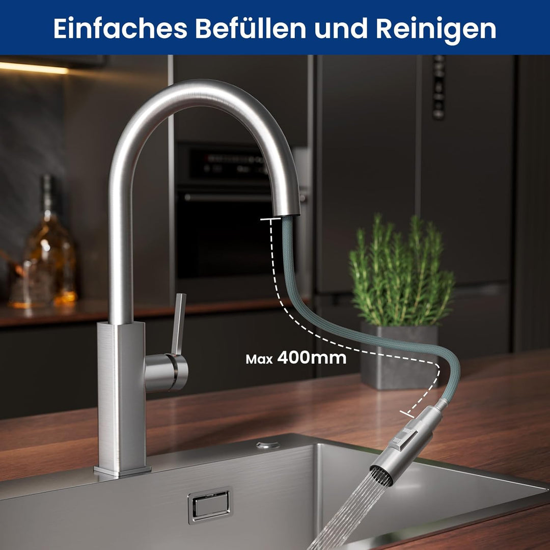 CECIPA Wasserhahn Küche Ausziehbar Edelstahl, Küchenarmatur mit Brause 2 Strahlarten, Spültischarmat