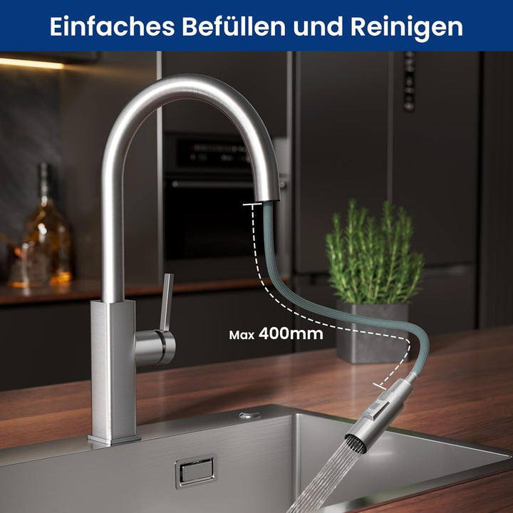 CECIPA Wasserhahn Küche Ausziehbar Edelstahl, Küchenarmatur mit Brause 2 Strahlarten, Spültischarmat