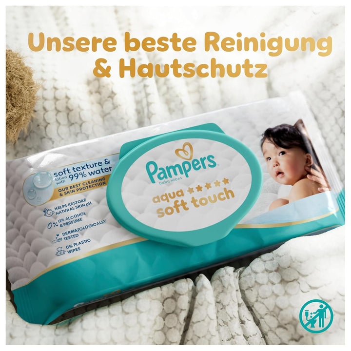 Pampers Aqua Soft Touch Baby-Feuchttücher, 18 Packungen mit 48 Feuchttüchern = 864 Baby-Feuchttücher