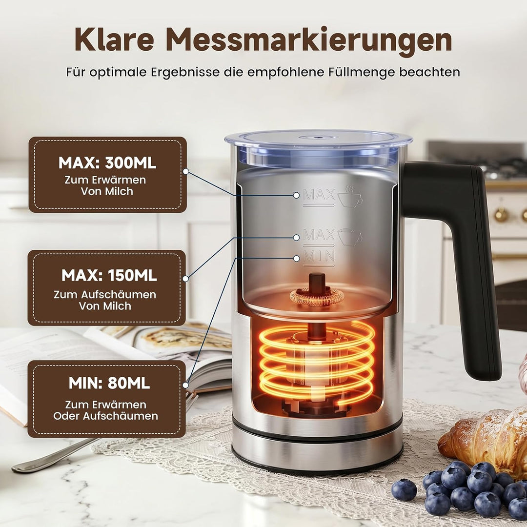 Milchaufschäumer Elektrisch 4-in-1 Edelstahl Milchwärmer 300ml | Doppelwand-Design, Heisser und kalt
