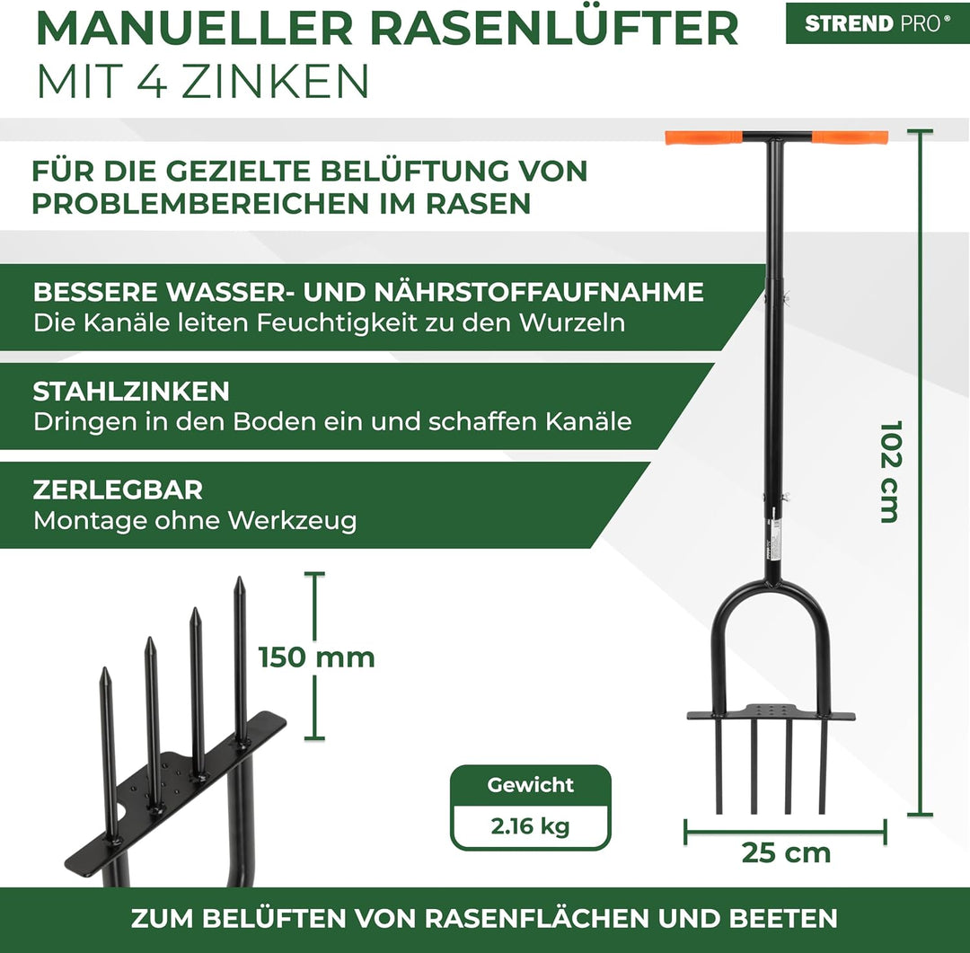 STREND PRO Rasenbelüfter Rohr 4 Vollzinken 25 cm | Aerifizierer für Rasen mit T-Griff manuell | Rase