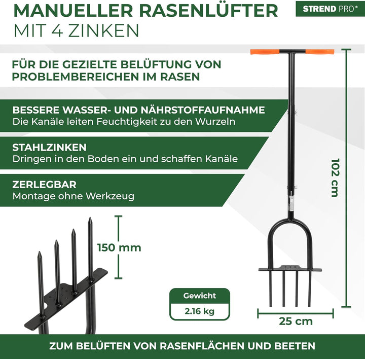 STREND PRO Rasenbelüfter Rohr 4 Vollzinken 25 cm | Aerifizierer für Rasen mit T-Griff manuell | Rase
