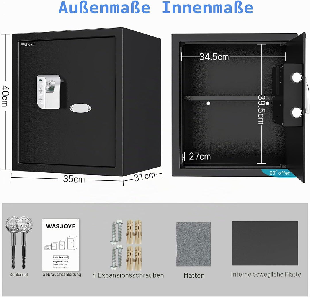 WASJOYE 38.08L Fingerabdruck Tresor Safe, Gross Tresor mit Zahlenschloss, Biometrischer Möbeltresore