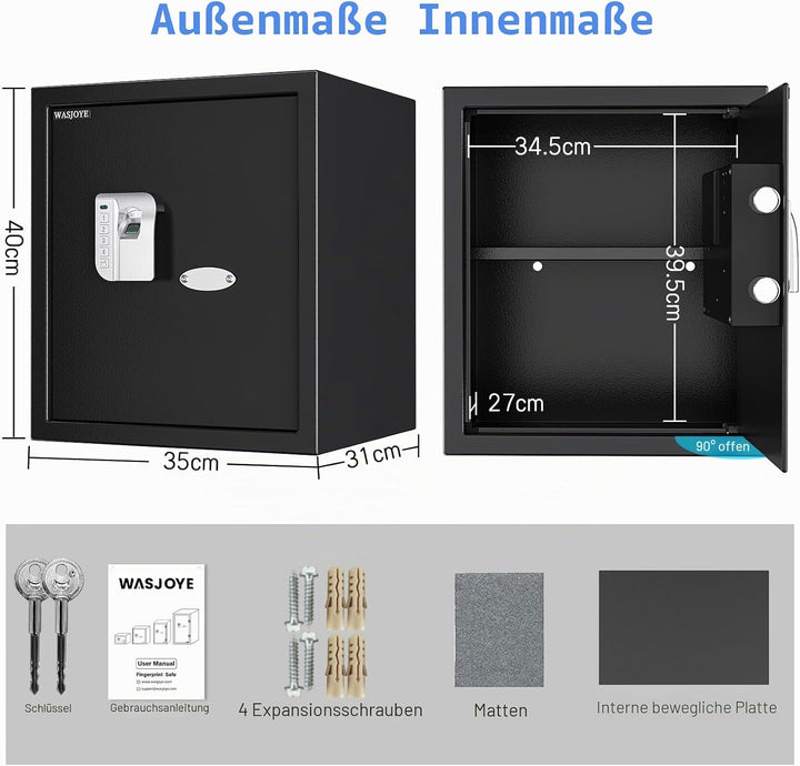 WASJOYE 38.08L Fingerabdruck Tresor Safe, Gross Tresor mit Zahlenschloss, Biometrischer Möbeltresore