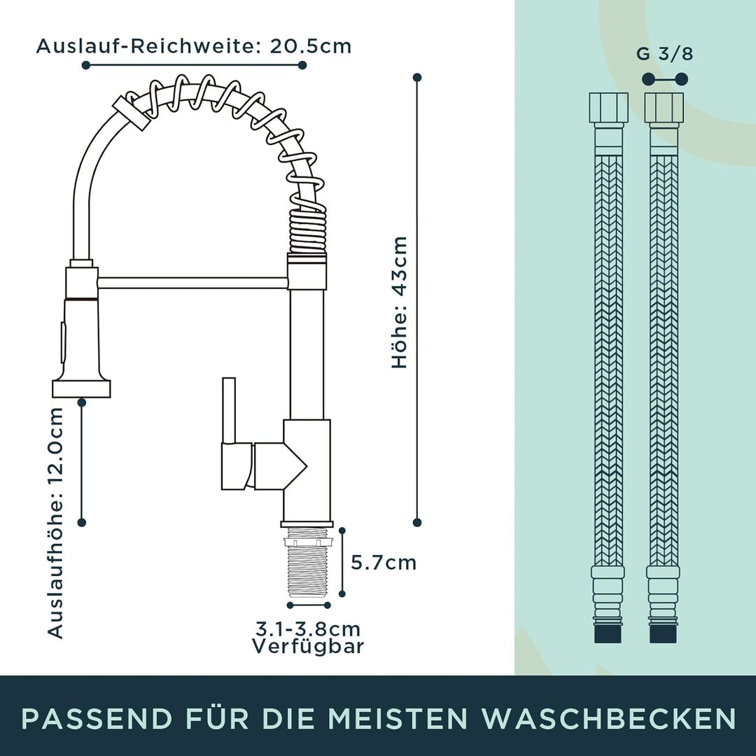 FORIOUS Wasserhahn Küche, Hoher Bogen Hochdruck Küchenarmatur mit Herunterziehen Brause Armatur, Mis