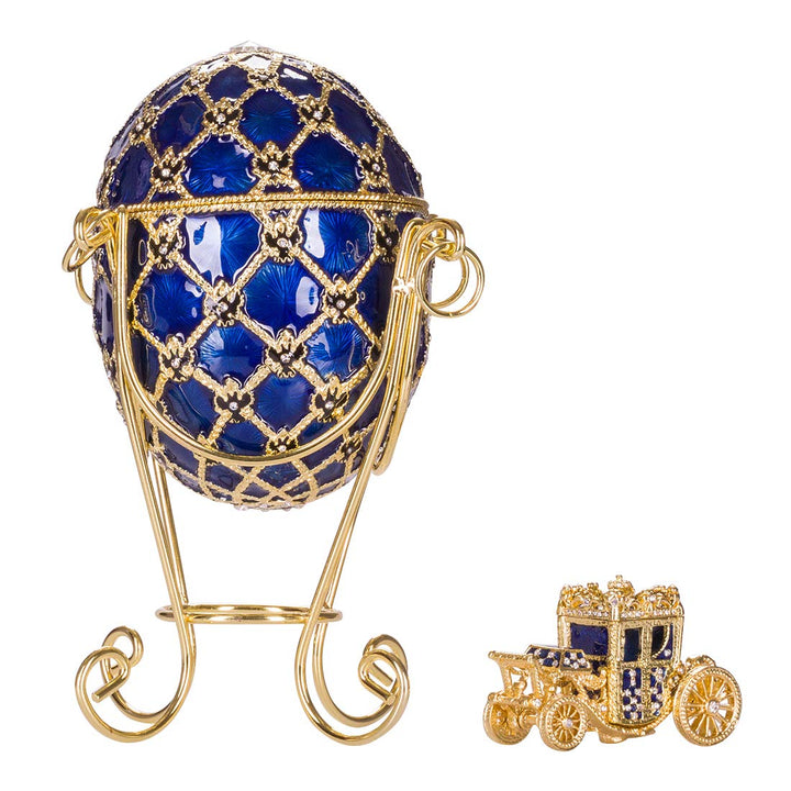 Fabergé-Stil Krönungs Ei/Schmuckkästchen mit Kutsche 19 cm blau