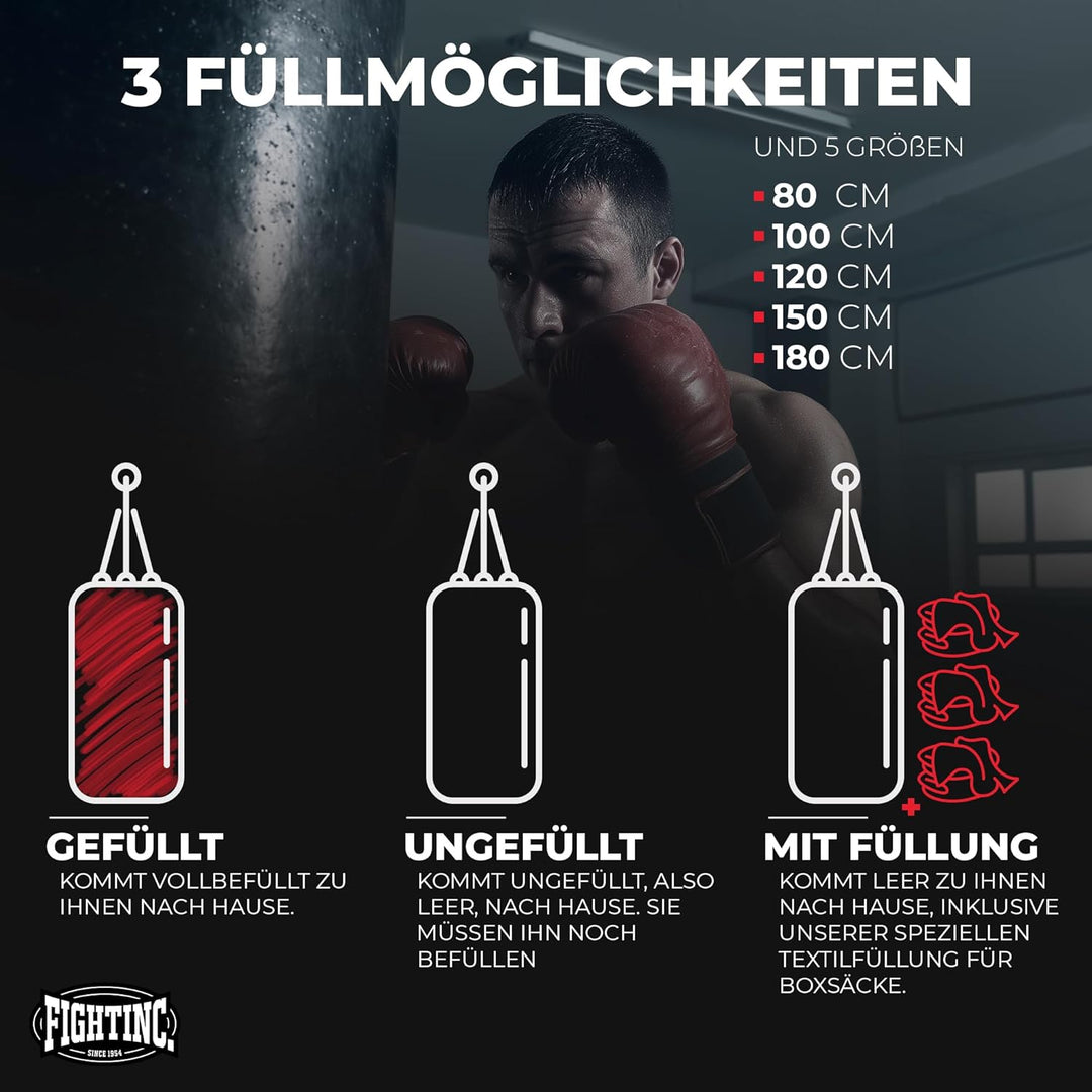 Boxsack Classic GEFÜLLT/UNGEFÜLLT/MIT FÜLLUNG 80 100 120 150 180 cm bis 55kg ideal für Jugend & Erwa