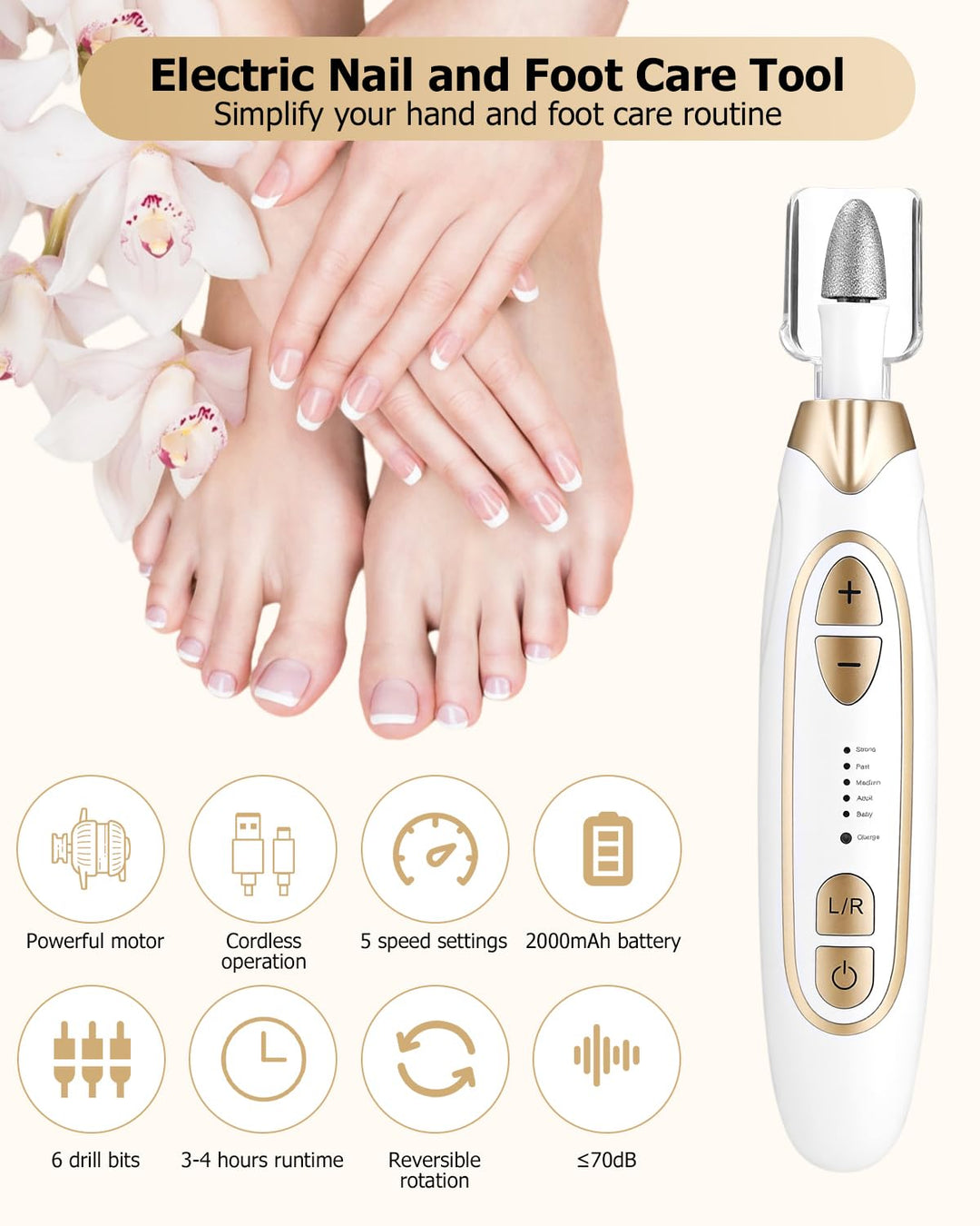 Zofory Maniküre/Pediküre Set, Nagelfräser, Elektrische Nagelfeile mit 6 Aufsätzen, 20 Sandringe, 5 G