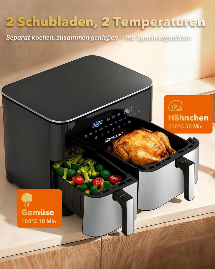 11L Heissluftfritteuse 2 Kammern - 2600W XXL Airfryer Dual Zone(4+7L) - 10-in-1 Digital Heissluftfri