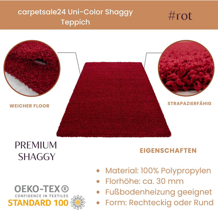 Carpetsale24 Teppich Wohnzimmer 80 x 150 cm Läufer Flur Rot Shaggy Hochflor Einfarbig Modern Design