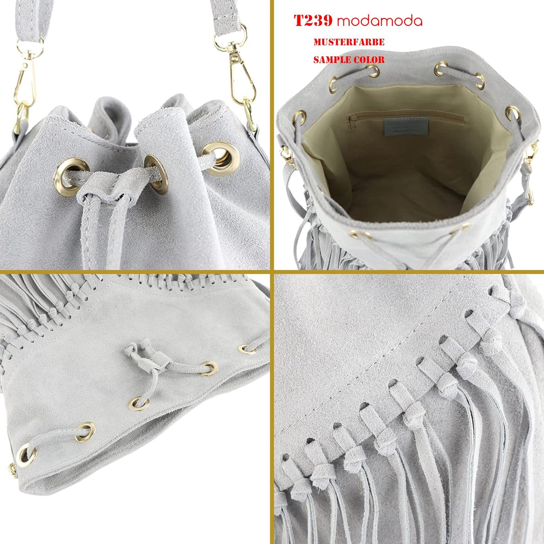 modamoda de - T239 - ital. Schultertasche Fransen Wildleder Blaugrau, Blaugrau