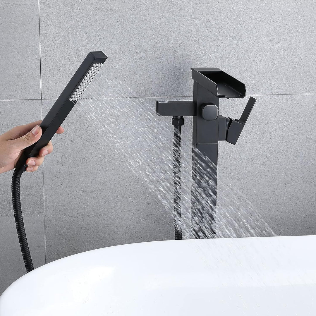 Standarmatur Freistehend Wannenarmatur Wasserfall Schwarz,Messing,Freistehende Wannenarmatur,Einhand
