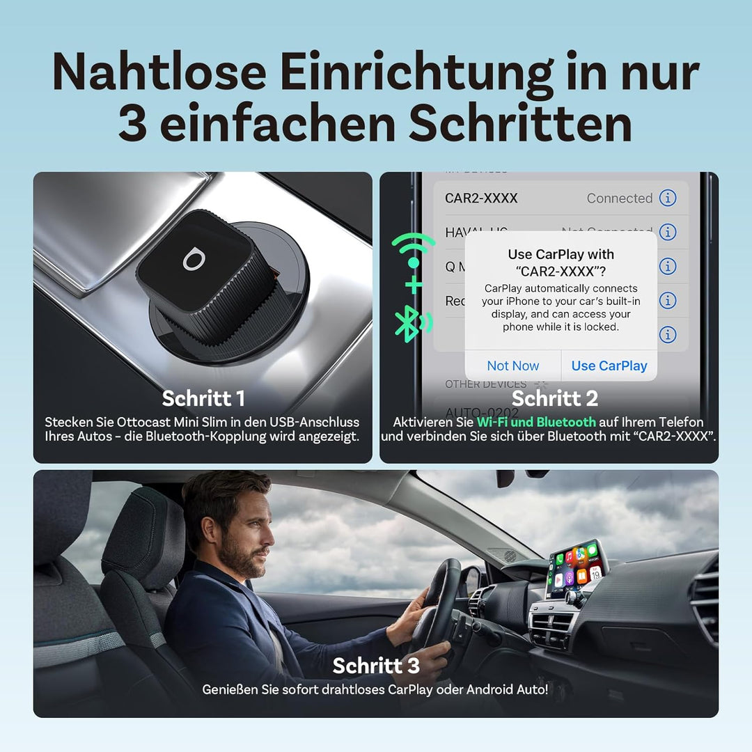 2026 Verbesserter OTTOCAST Mini Slim (USB-C Edition), 2-in-1 Wireless CarPlay & Android Auto Adapter