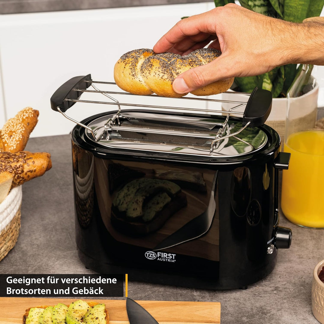TZS First Austria Doppel Kurzschlitz Toaster, 2 Scheiben, schwarz, 750W, 7 Stufen, Warmhalte- und Au
