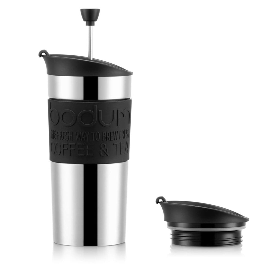 Bodum K11067-01 Travel Press Kaffeebereiter aus Edelstahl in schwarz mit Ersatzdeckel, 350 ml Schwar