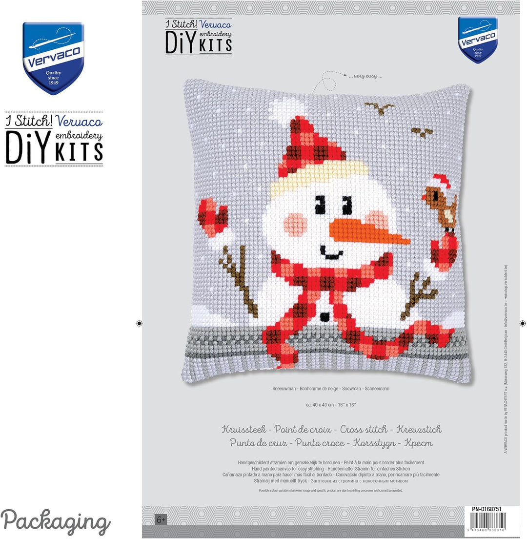 Vervaco PN-0168751 Schneemann II Kreuzsichkissen vorbedruckt, Baumwolle, mehrfarbig, 40 x 40 cm