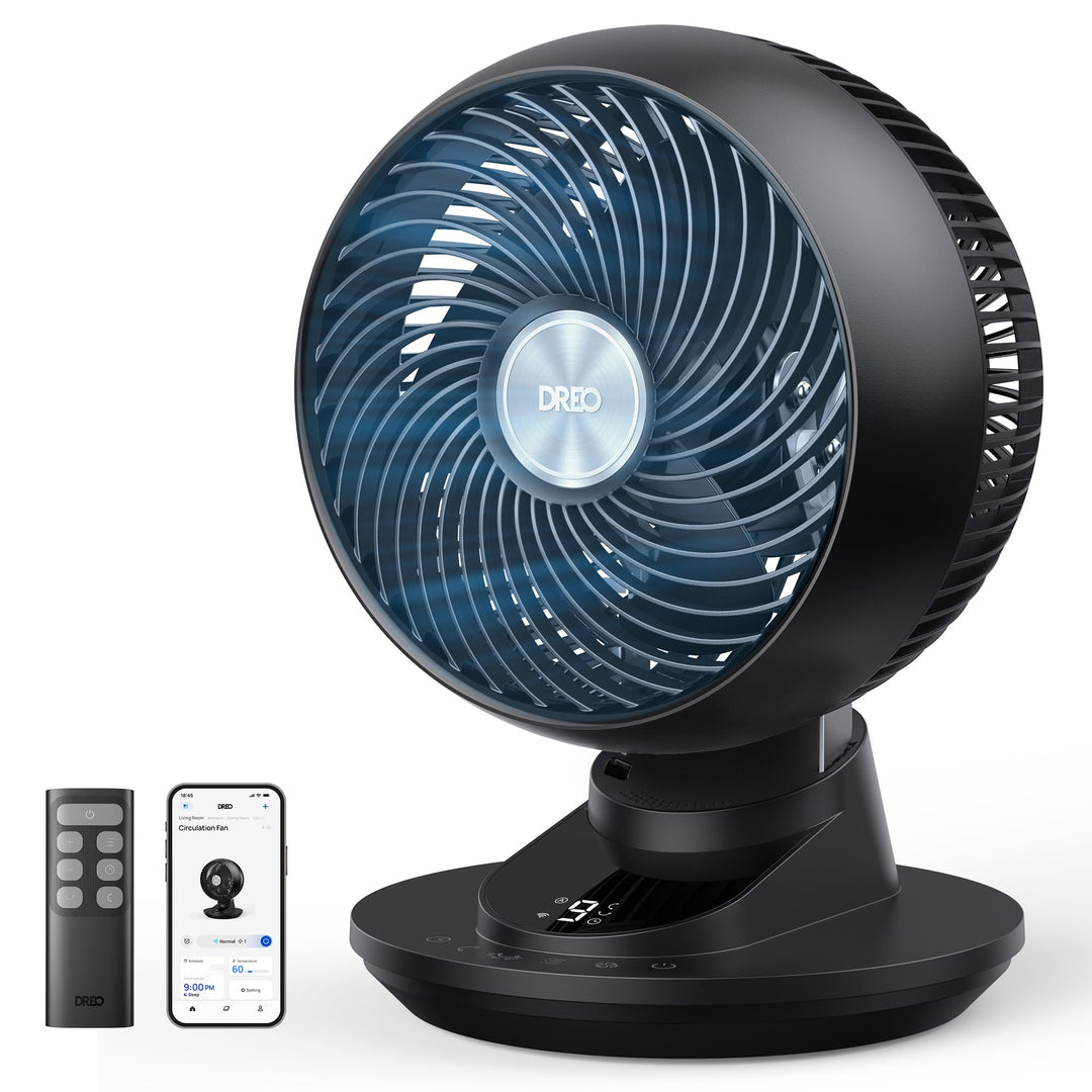DREO 3D-Oszillierender Tischventilator für Schlafzimmer, 8,8 m/s starker Luftstrom, 22 dB leise, 90°