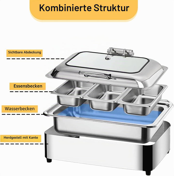 Chafing Dish Elektrisch, 9L Edelstahl Speisewärmer Buffetwärmer mit Sichtbarem Glasdeckel, Einstellb