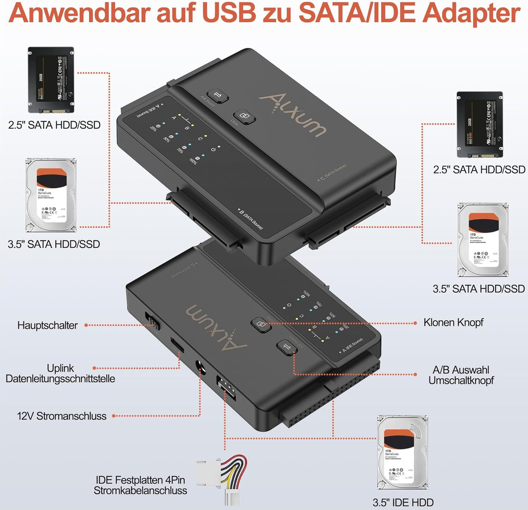Alxum IDE und SATA Adapter, USB Type-C 5Gbps Festplatten Adapter mit Clone, Netzschalter für 2.5/3.5