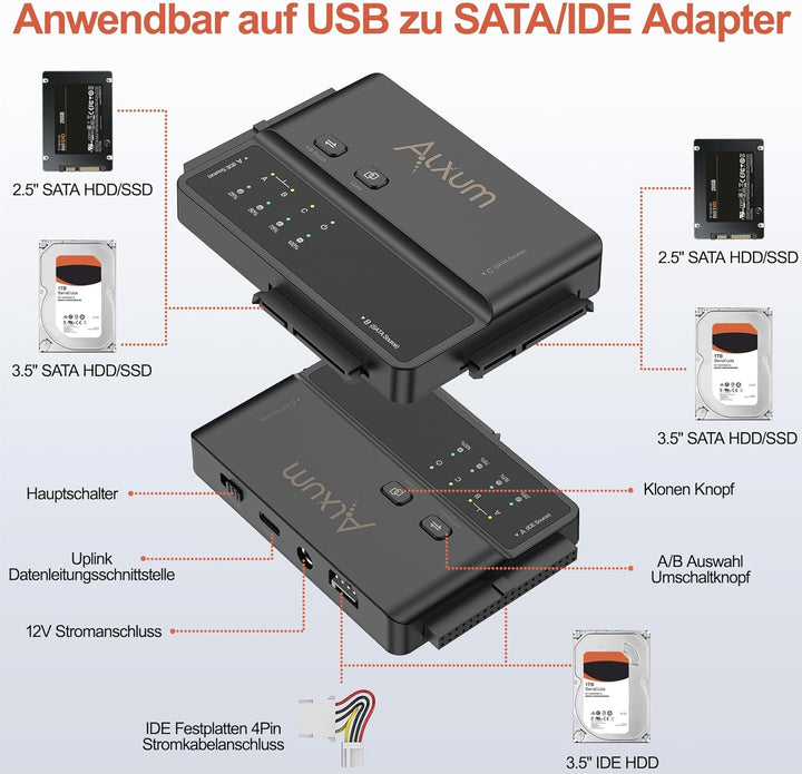 Alxum IDE und SATA Adapter, USB Type-C 5Gbps Festplatten Adapter mit Clone, Netzschalter für 2.5/3.5