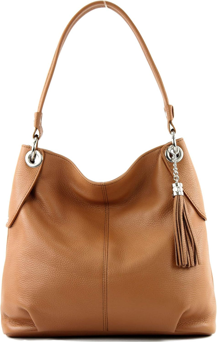 modamoda de - T185 - ital. Damen Schultertasche aus Leder Camel, Camel
