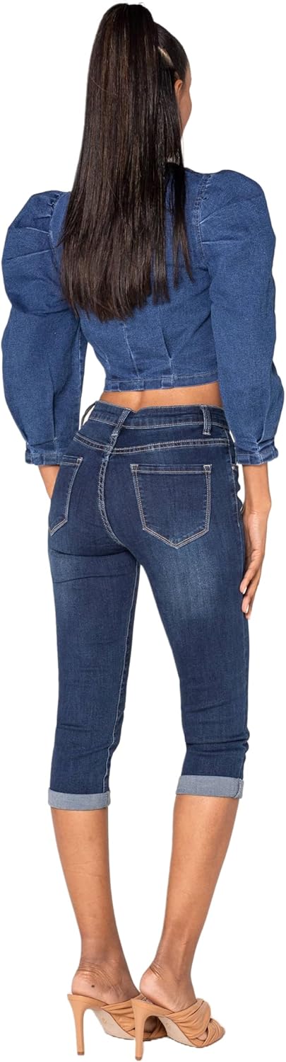 Nina Carter P132 Damen Capri Skinny Fit Jeanshosen HIGH Waist Jeans Used-Look Waschungseffekt M Dunk