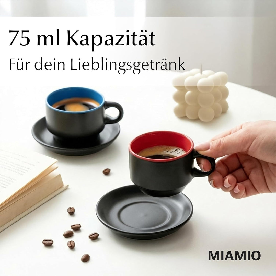 MIAMIO - 6 x 75 ml Espressotassen Set/Espresso Tassen Set mit Untertasse & Ständer - Kaffeetassen Se