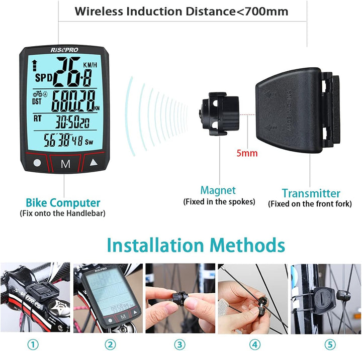 RISEPRO Fahrradcomputer, kabellos, wasserdicht, multifunktional, mit LCD-Display mit Hintergrundbele