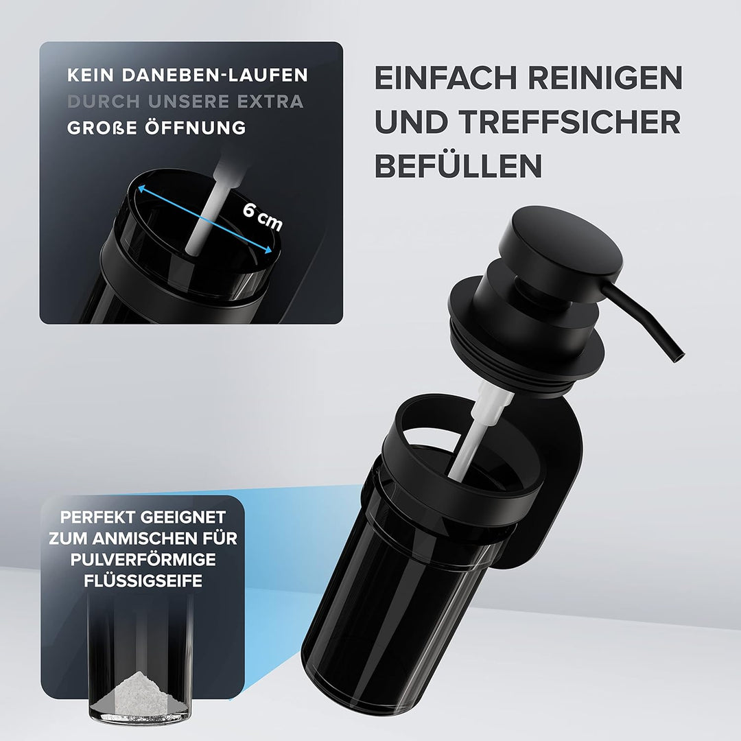 ovimar Seifenspender Lokta | schwarz | Wandmontage ohne Bohren | aus Edelstahl und schwarzem Glas |