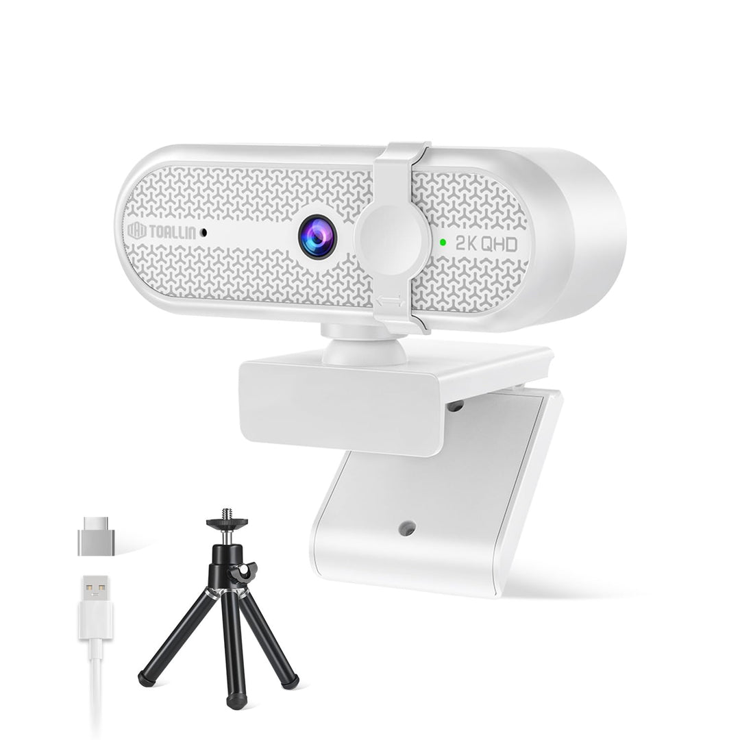 TOALLIN 2K Webcam mit Stativ für Streaming, 5 Megapixel, integriertes Mikrofon & Privacy-Abdeckung,