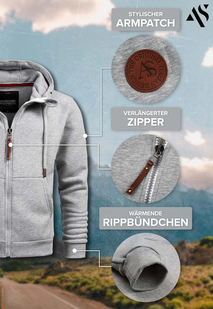 ALESSANDRO SALVARINI Herren Sweatjacke (S-3XL) mit Kapuze - Leicht, Atmungsaktiv, Kapuzenpullover mi