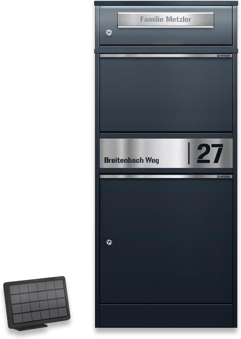 Metzler Briefkasten mit Paketfach mit solarbetriebener LED-Beleuchtung und Gravur anthrazit RAL 7016