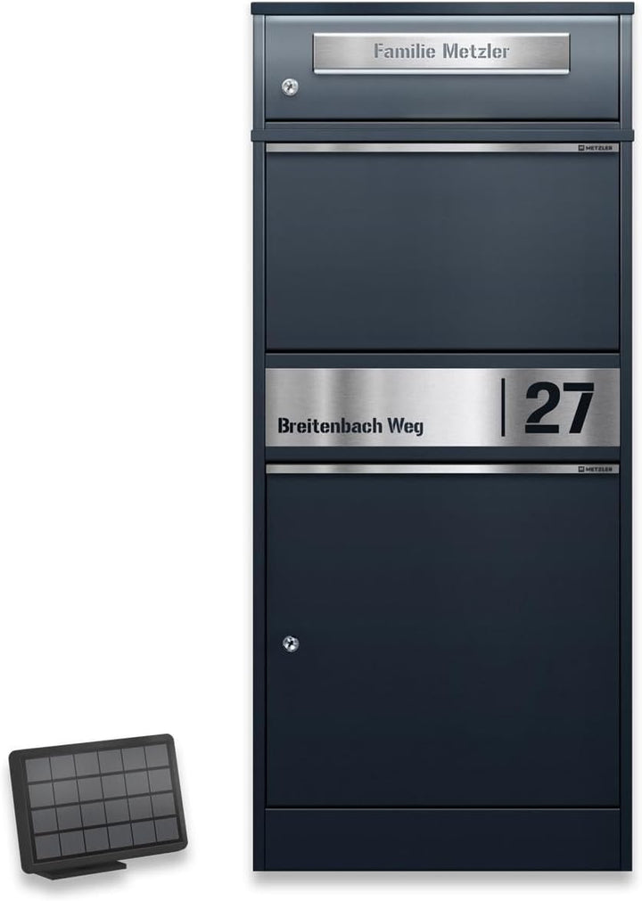 Metzler Briefkasten mit Paketfach mit solarbetriebener LED-Beleuchtung und Gravur anthrazit RAL 7016