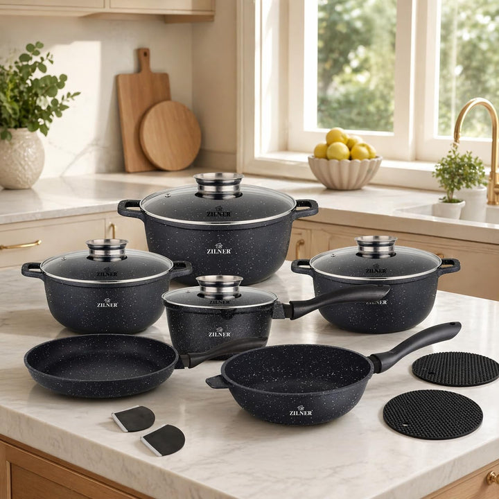 Topfset Induktion 14-teilig – Marmorbeschichtung Töpfe & Pfannen Set mit Glasdeckel, Kochtopf Set fü