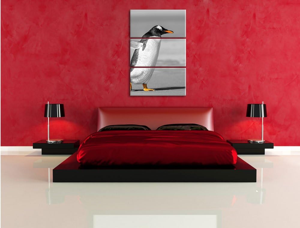 watschelnder Pinguin am Strand schwarz/weiss 3-Teiler Leinwandbild 120x80 Bild auf Leinwand