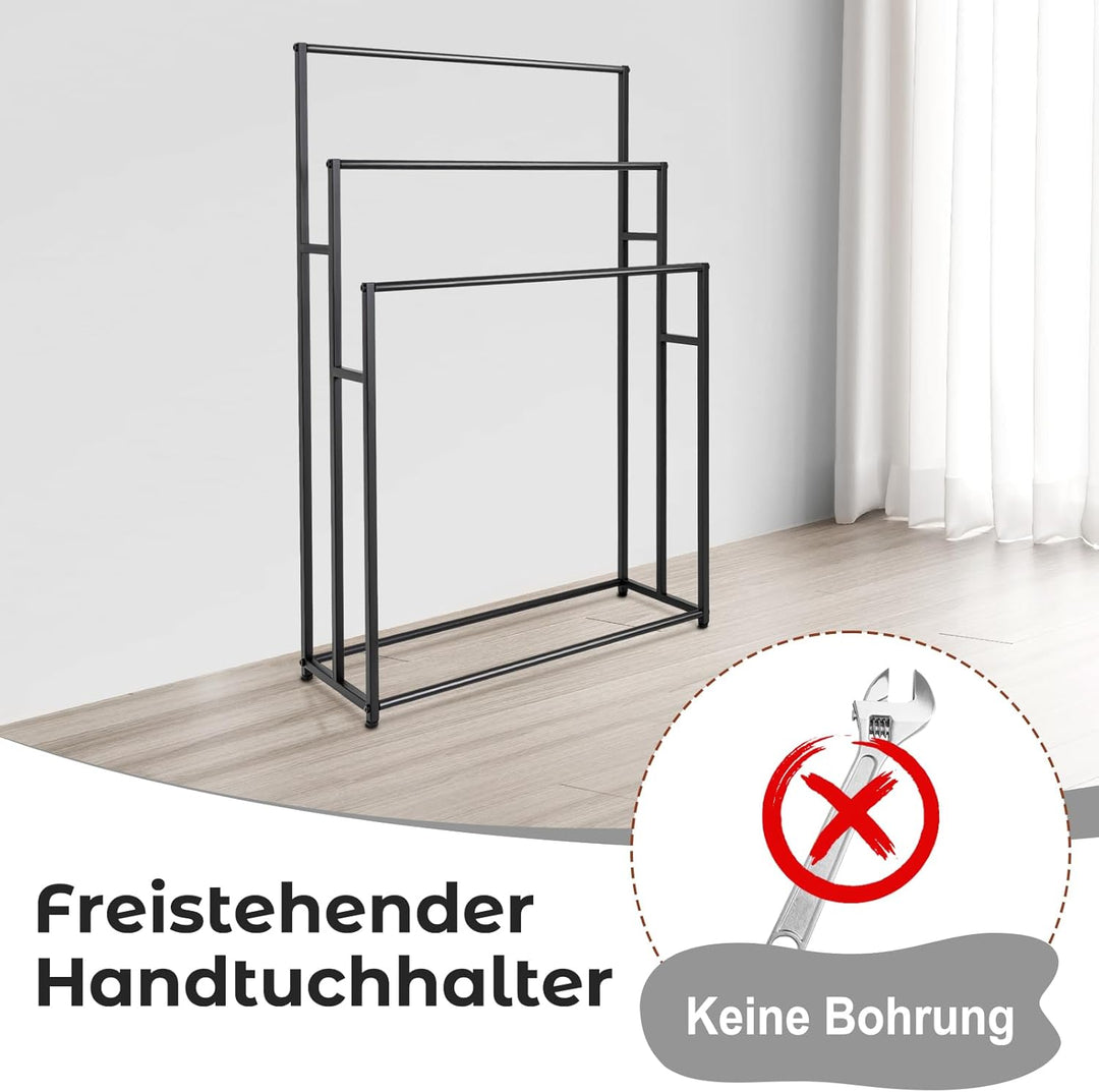 Handtuchständer 3-Etagen Schwarz, 75cm Breite Freistehender Handtuchhalter mit 3 Stangen, Bis 25kg B