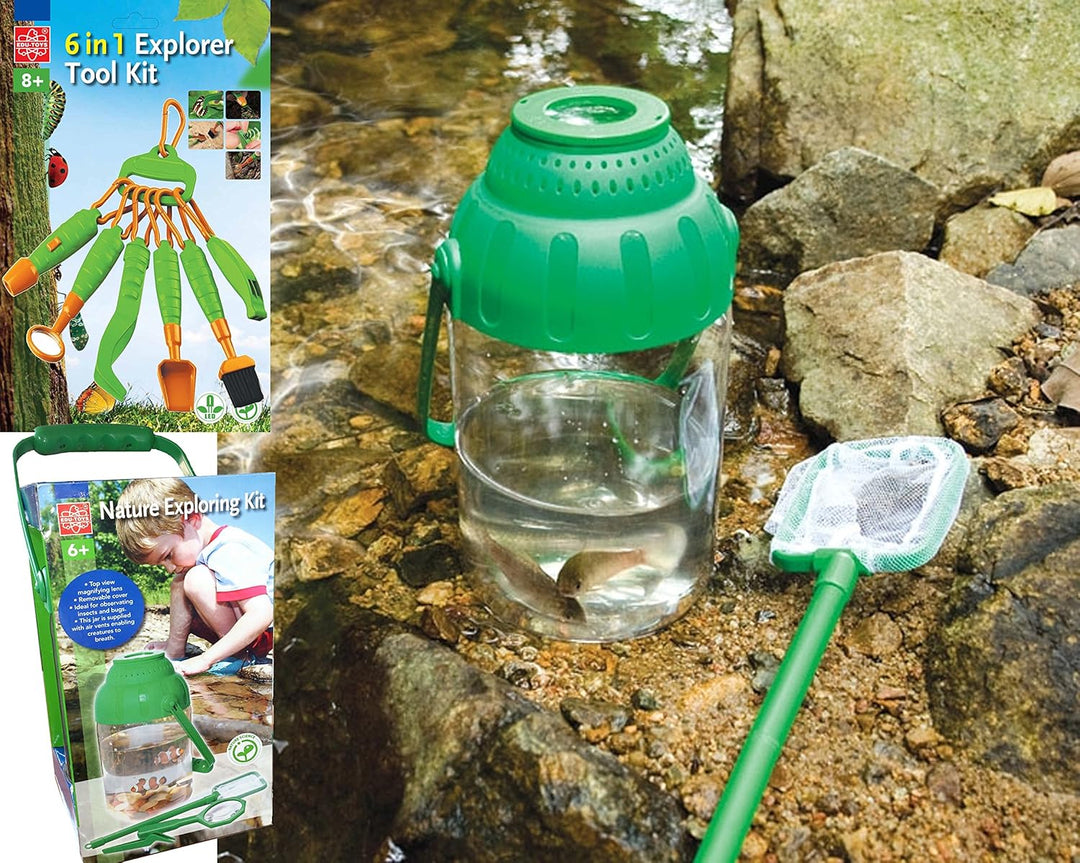 Naturbeobachtung Set 4teilig 5 Liter Eimer mit Lupe im Deckel, Kescher, Pinzette und extra Entdecker