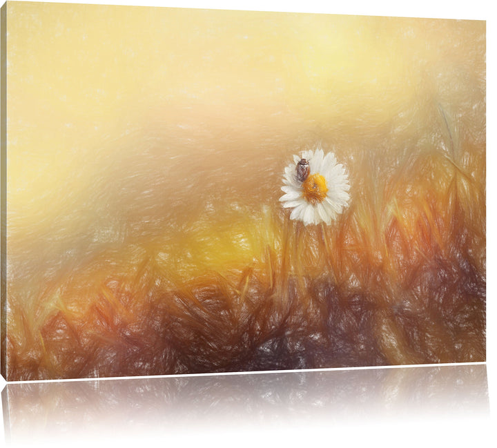 Pixxprint Gänseblümchen Marienkäfer / 100x70cm Leinwandbild bespannt auf Holzrahmen/Wandbild Kunstdr