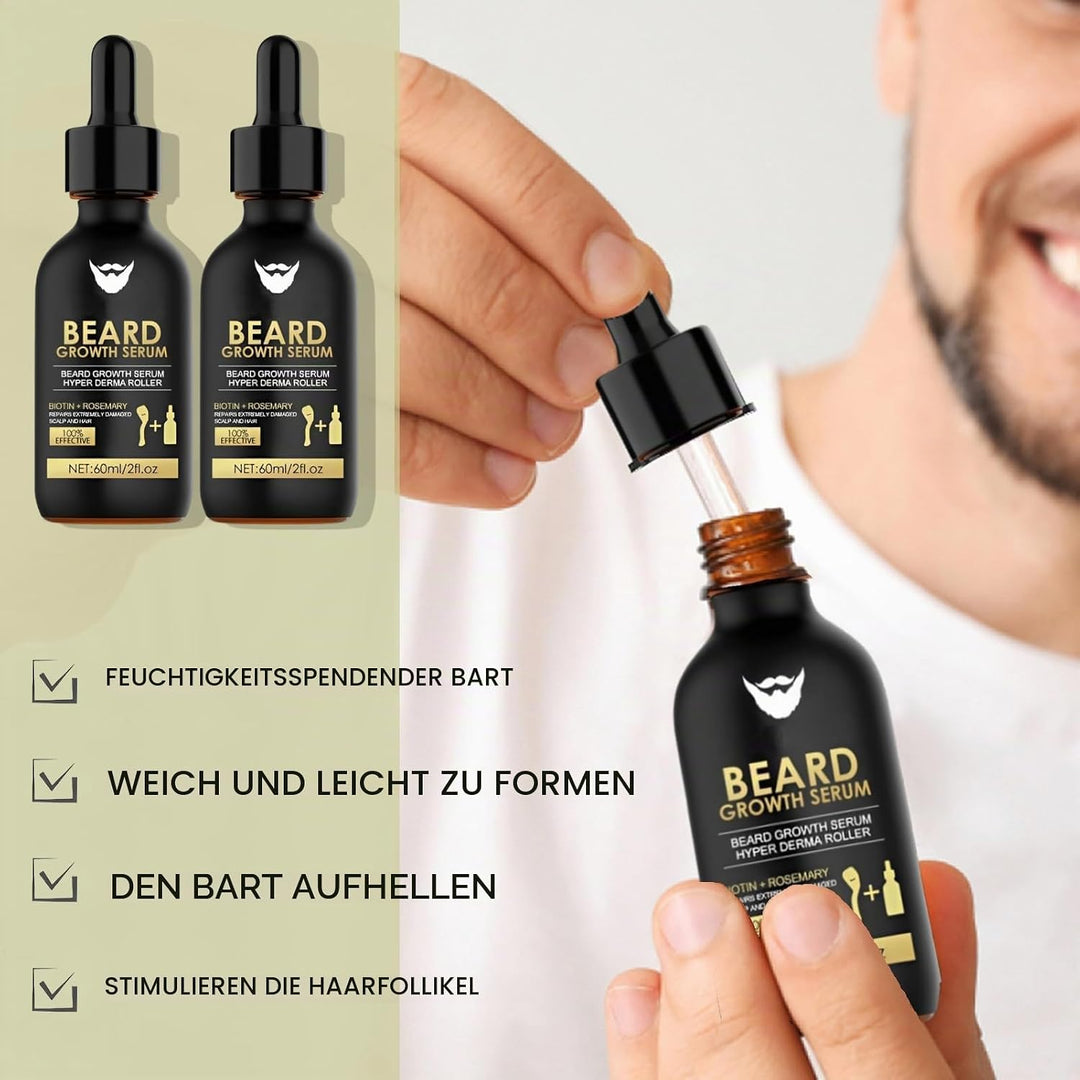 Bartwuchs Kit, 2 Stück Bartwuchs Serum Öl mit 2 Bartroller, Bartwachstums Öl, Bartwuchs Kit, Bartwac