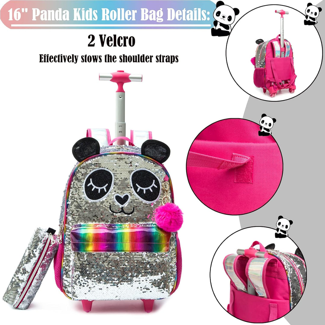 Rucksack Mädchen Schulranzen Trolley Silber Rot Panda Pailletten Trolley Rucksack Schulrucksack Teen