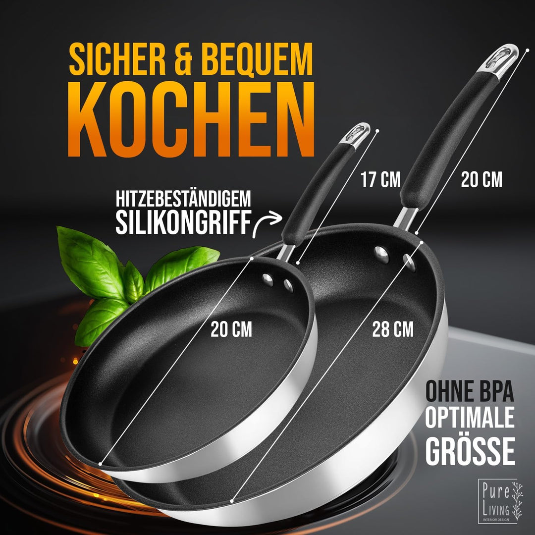 Pfannenset Induktion für alle Herdarten 20cm und 28cm beschichtete Pfannen aus Edelstahl - 10 JAHRE