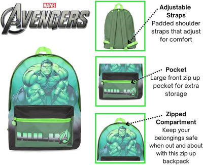 Offizieller Marvel The Hulk Avengers Kinder-Rucksack, Schultasche, grün